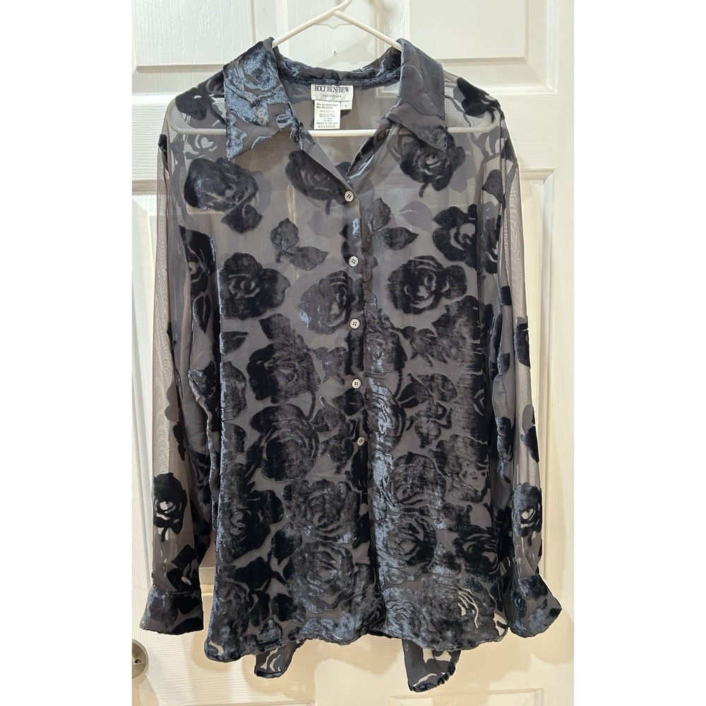 Holt Renfrew Velvet Burnout Button Front Tunic Blouse Sz L Dark Vtg Gothic Rose